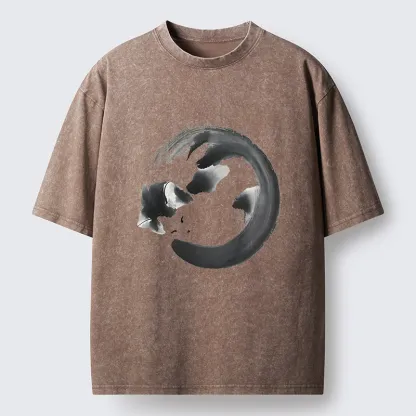 Tokyo-Tiger Inkpainting Cat Zen Enso Washed T-Shirt
