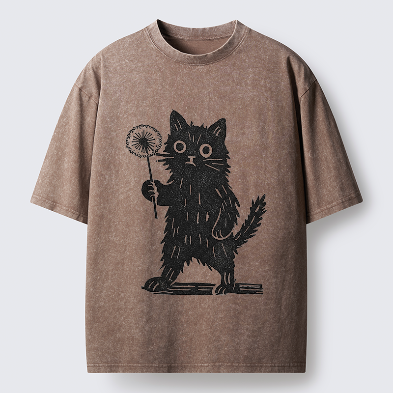 Tokyo-Tiger Cat And Dandelion Woodblock Washed T-Shirt