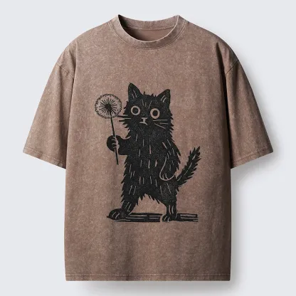 Tokyo-Tiger Cat And Dandelion Woodblock Washed T-Shirt