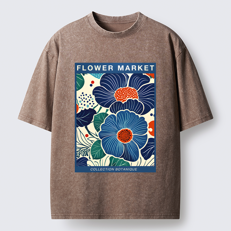 Tokyo-Tiger Blue Flowers Botanical Art Washed T-Shirt
