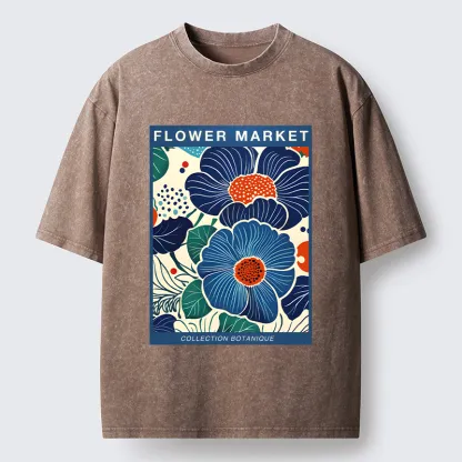 Tokyo-Tiger Blue Flowers Botanical Art Washed T-Shirt