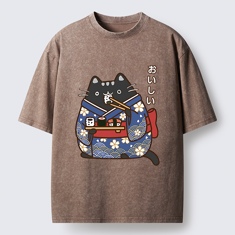 Tokyo-Tiger Geisha Cat Sushi Washed T-Shirt