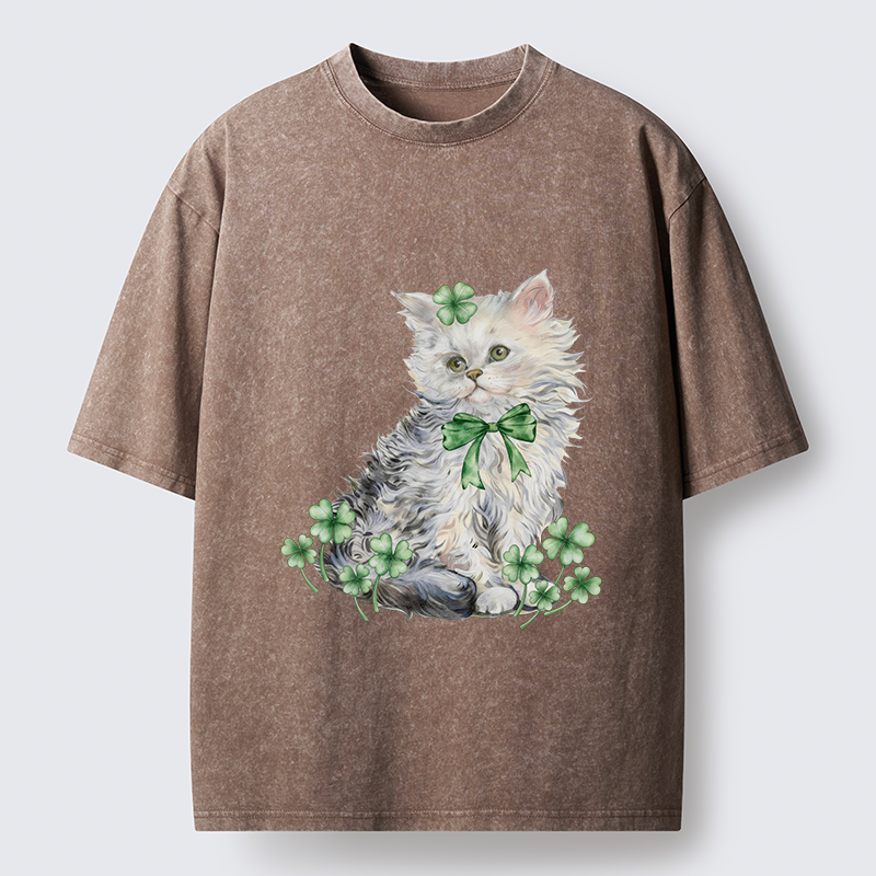 Tokyo-Tiger St Patricks Day Cat Clover Washed T-Shirt