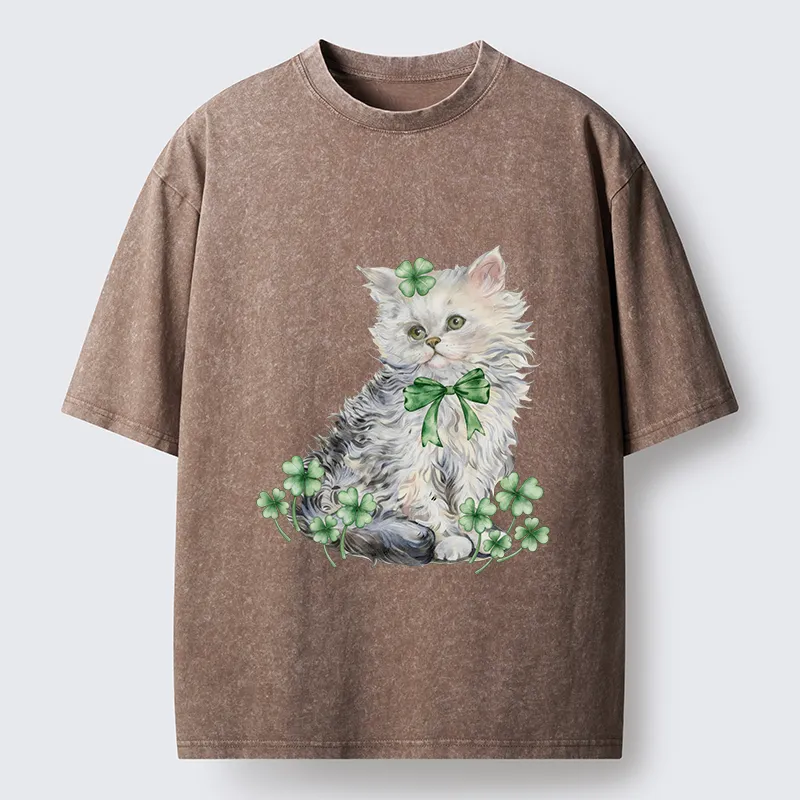Tokyo-Tiger St Patricks Day Cat Clover Washed T-Shirt