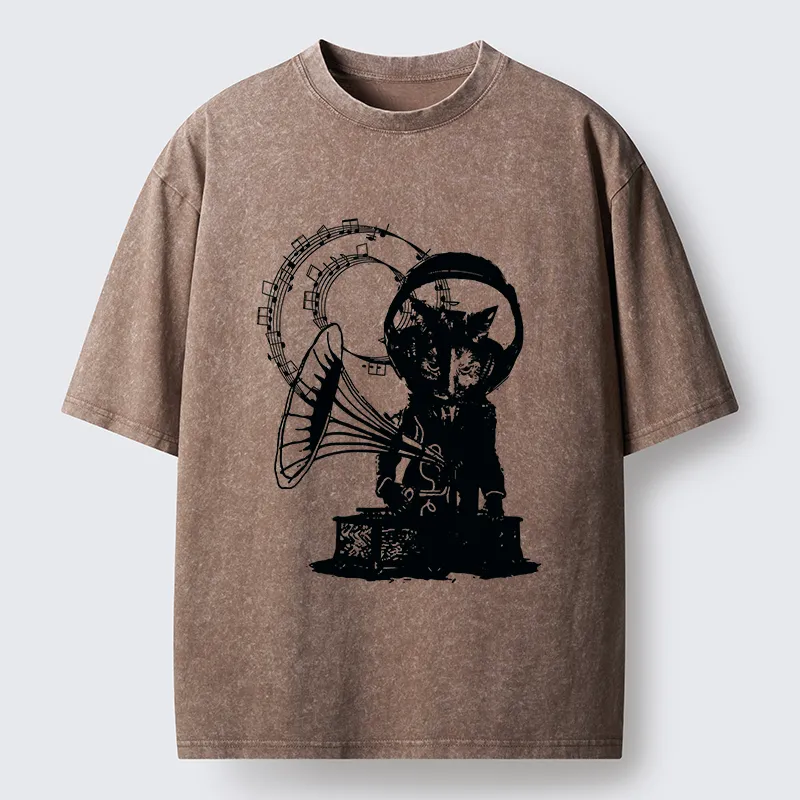 Tokyo-Tiger Vintage Cat Phonograph Music Washed T-Shirt