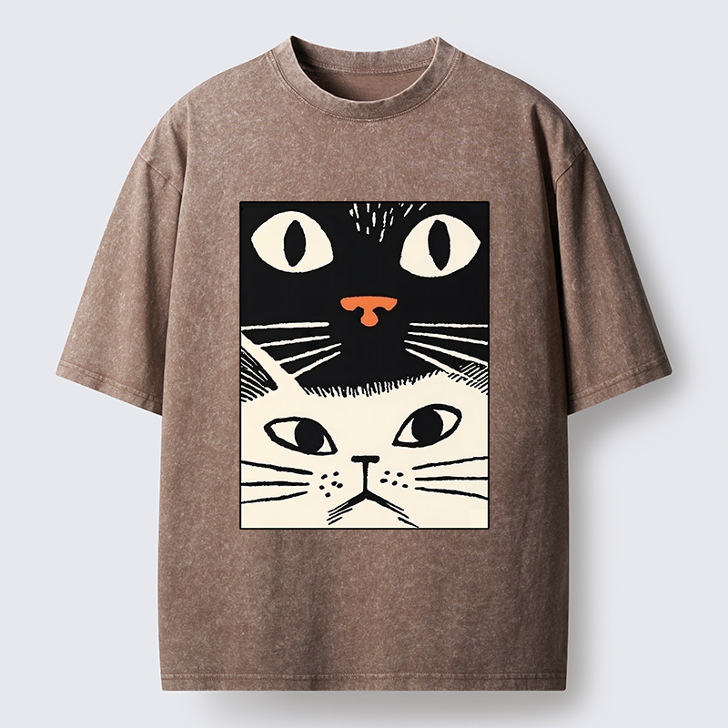Tokyo-Tiger Black Cat And White Cat Washed T-Shirt