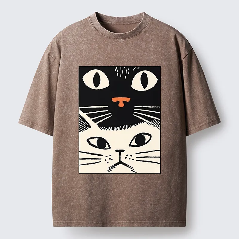 Tokyo-Tiger Black Cat And White Cat Washed T-Shirt