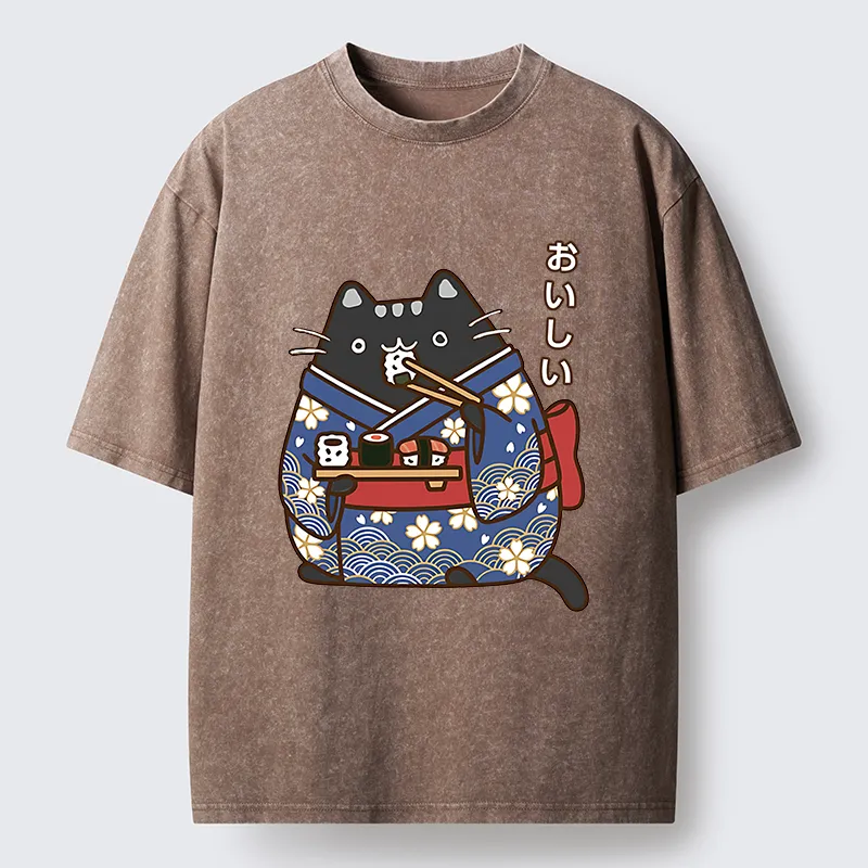 Tokyo-Tiger Geisha Cat Sushi Washed T-Shirt