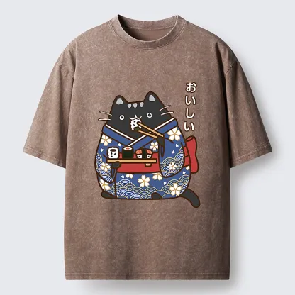 Tokyo-Tiger Geisha Cat Sushi Washed T-Shirt