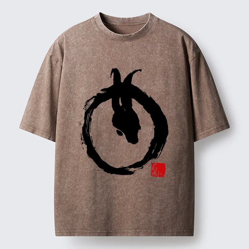 Tokyo-Tiger Ink Painting Zen Enso Rabbit Washed T-Shirt
