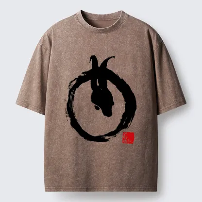 Tokyo-Tiger Ink Painting Zen Enso Rabbit Washed T-Shirt