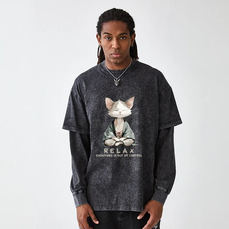 Tokyo-Tiger Zen Cat Relaxation，Everything's Out Of Control Washed Double Layer T-Shirt