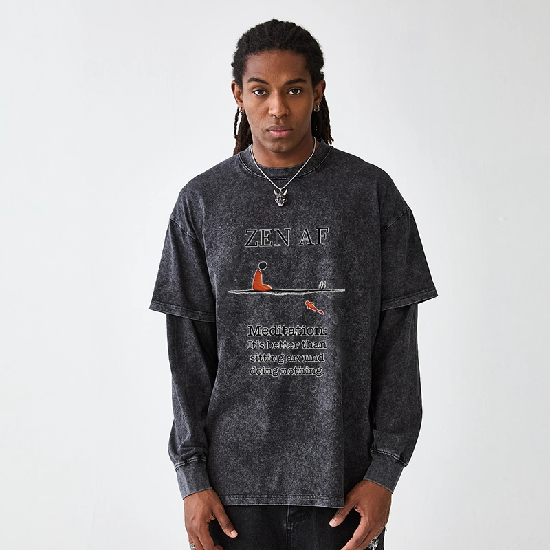 Tokyo-Tiger Zen Vibes Only: The Power of Meditation Washed Double Layer T-Shirt