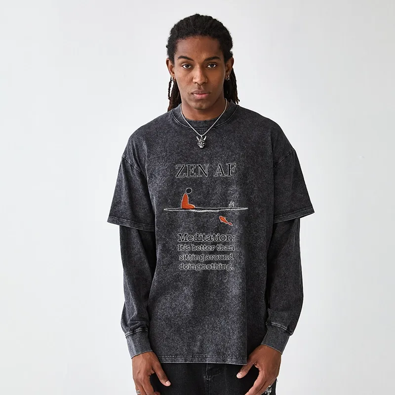 Tokyo-Tiger Zen Vibes Only: The Power of Meditation Washed Double Layer T-Shirt