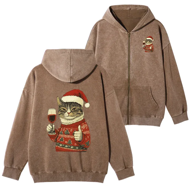 Tokyo-Tiger Christmas Cat Likes Washed Zip Hoodie