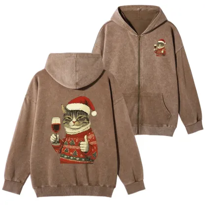 Tokyo-Tiger Christmas Cat Likes Washed Zip Hoodie