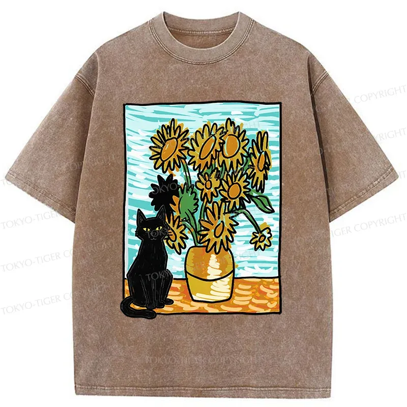 Tokyo-Tiger Black Cat And Sunflower Washed T-Shirt