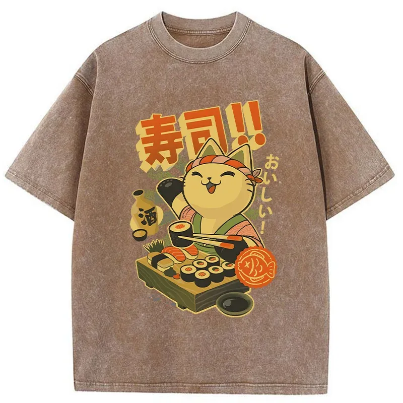 Tokyo-Tiger Cat Chef Special Sushi Washed T-Shirt