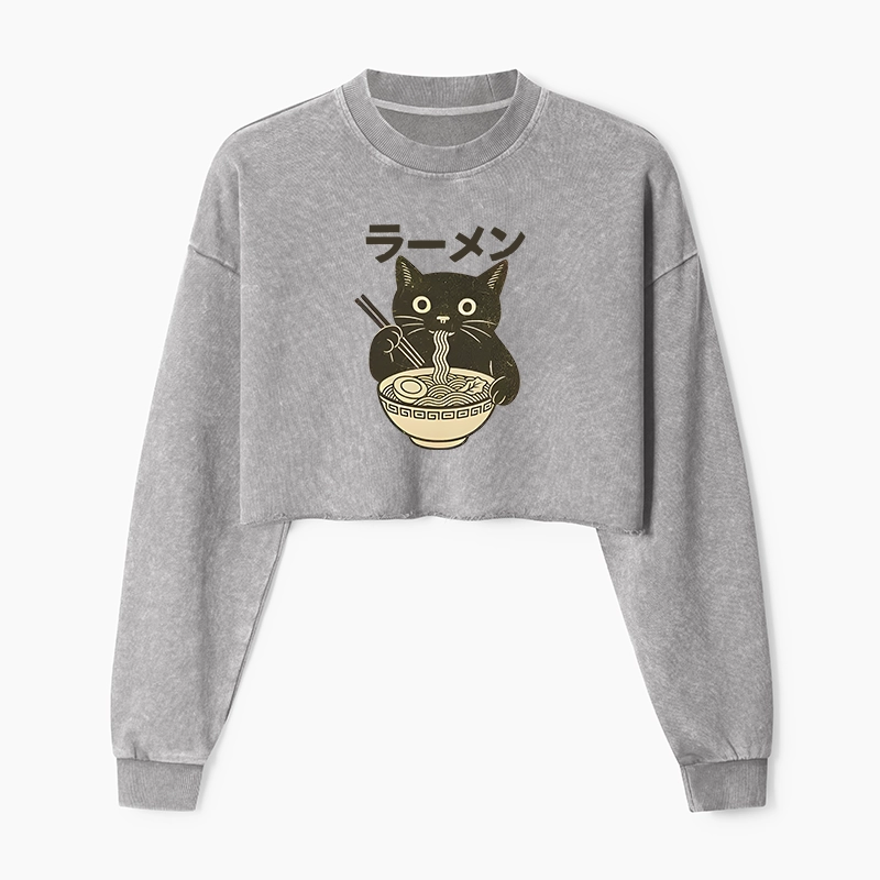 Tokyo-Tiger Simple Black Cat Eating Ramen Washed Crop Sweatshirt