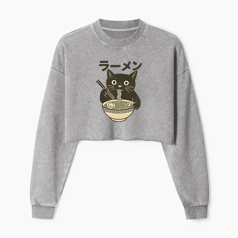 Tokyo-Tiger Simple Black Cat Eating Ramen Washed Crop Sweatshirt