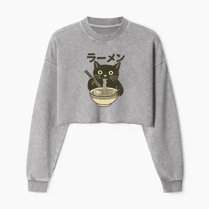 Tokyo-Tiger Simple Black Cat Eating Ramen Washed Crop Sweatshirt