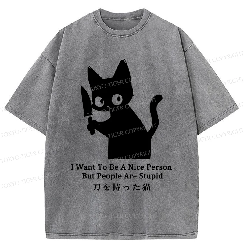 Tokyo-Tiger Black Cat With A Knife Washed T-Shirt