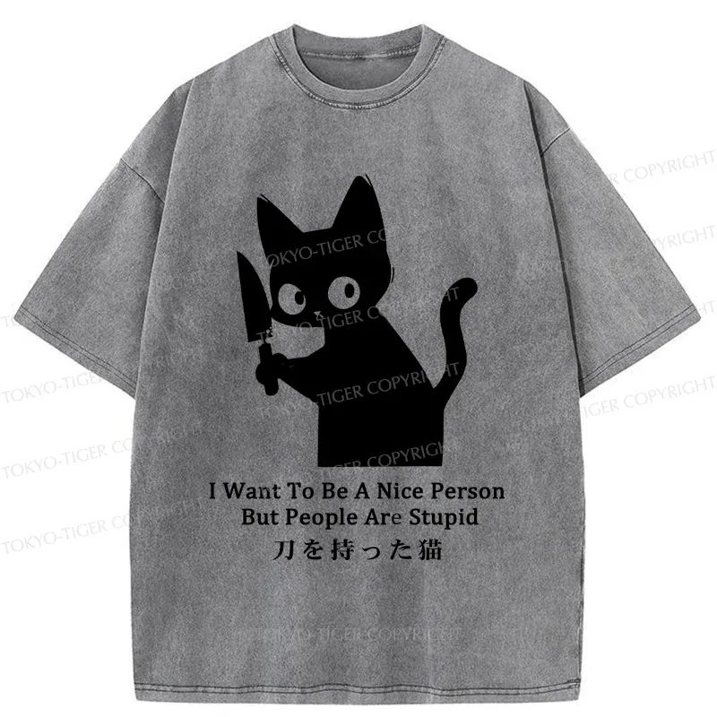 Tokyo-Tiger Black Cat With A Knife Washed T-Shirt