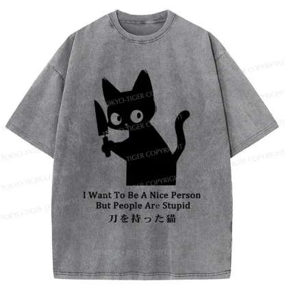 Tokyo-Tiger Black Cat With A Knife Washed T-Shirt