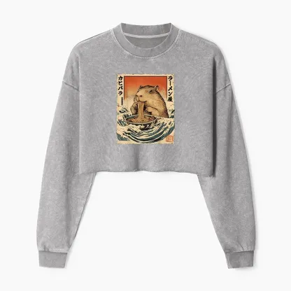 Tokyo-Tiger Hamster Eating Ramen Washed Crop Sweatshirt