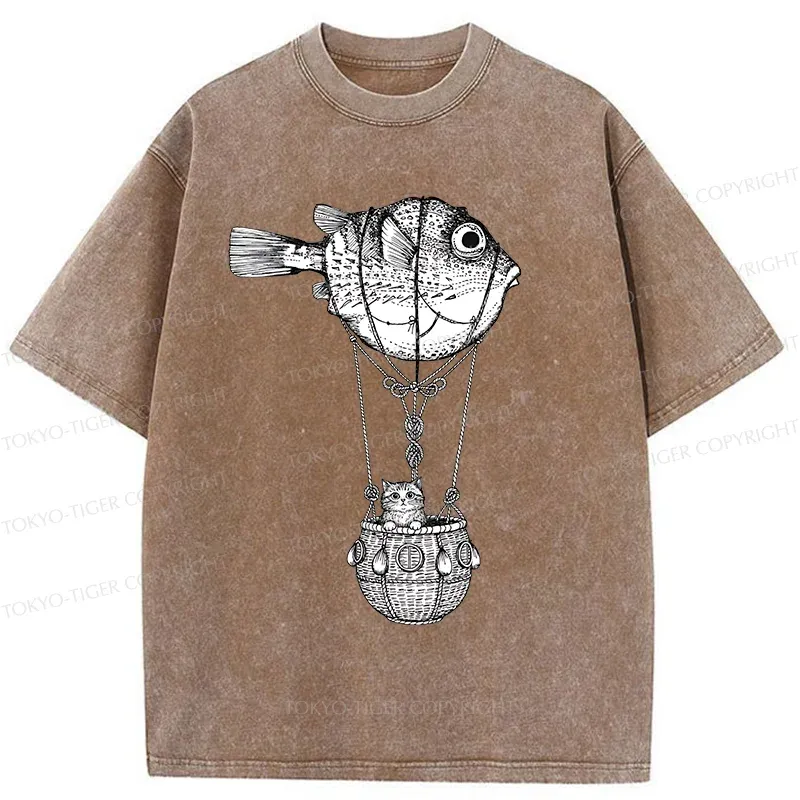Tokyo-Tiger Pufferfish Motorboat Washed T-Shirt