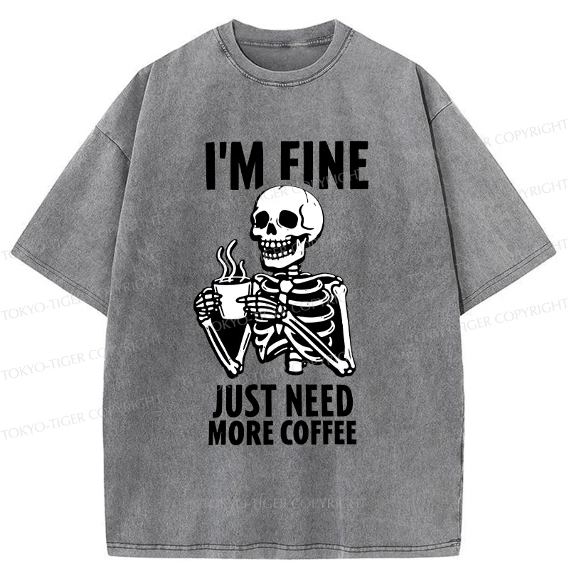 Tokyo-Tiger Skeleton Drinking Coffee Washed T-Shirt