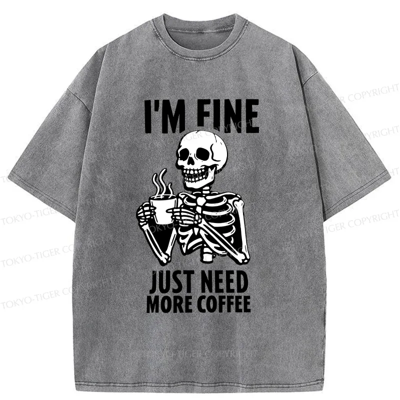 Tokyo-Tiger Skeleton Drinking Coffee Washed T-Shirt