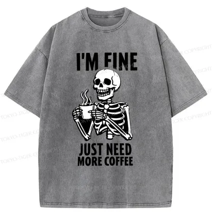 Tokyo-Tiger Skeleton Drinking Coffee Washed T-Shirt