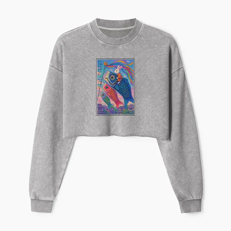 Tokyo-Tiger Ukiyoe Rabbit Ride Carp Streamer Poster Washed Crop Sweatshirt