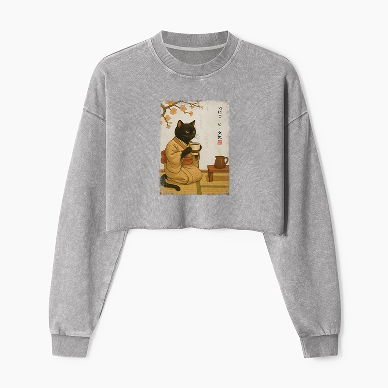 Tokyo-Tiger Cat Heart Full Of Coffee Washed Crop Sweatshirt