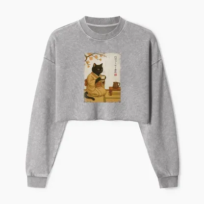 Tokyo-Tiger Cat Heart Full Of Coffee Washed Crop Sweatshirt