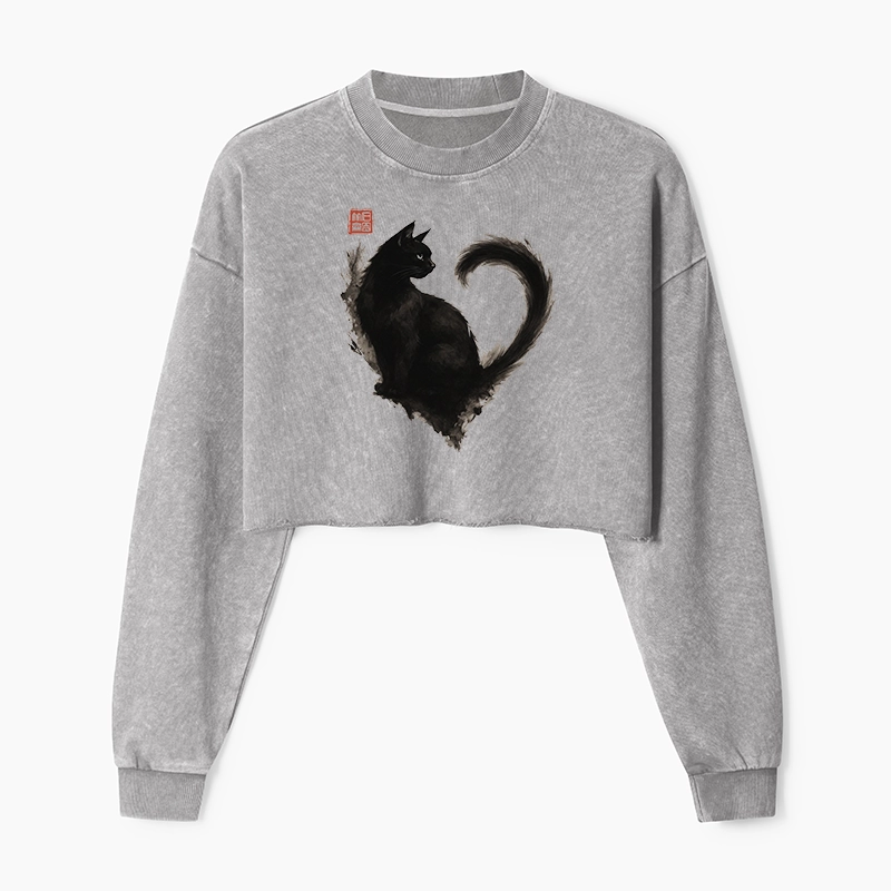 Tokyo-Tiger Funny Heart-Shaped Ink Cat Washed Crop Sweatshirt