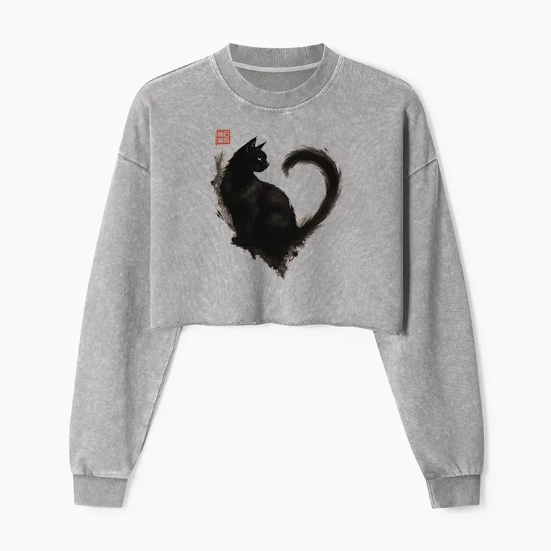 Tokyo-Tiger Funny Heart-Shaped Ink Cat Washed Crop Sweatshirt