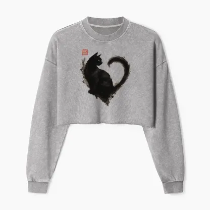 Tokyo-Tiger Funny Heart-Shaped Ink Cat Washed Crop Sweatshirt