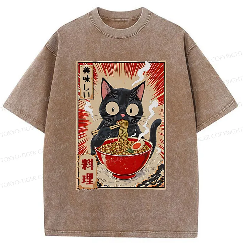 Tokyo-Tiger Black Cat Eating Ramen Comic Washed T-Shirt