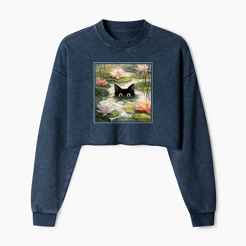 Tokyo-Tiger Black Cat and Lotus Flower Washed Crop Sweatshirt