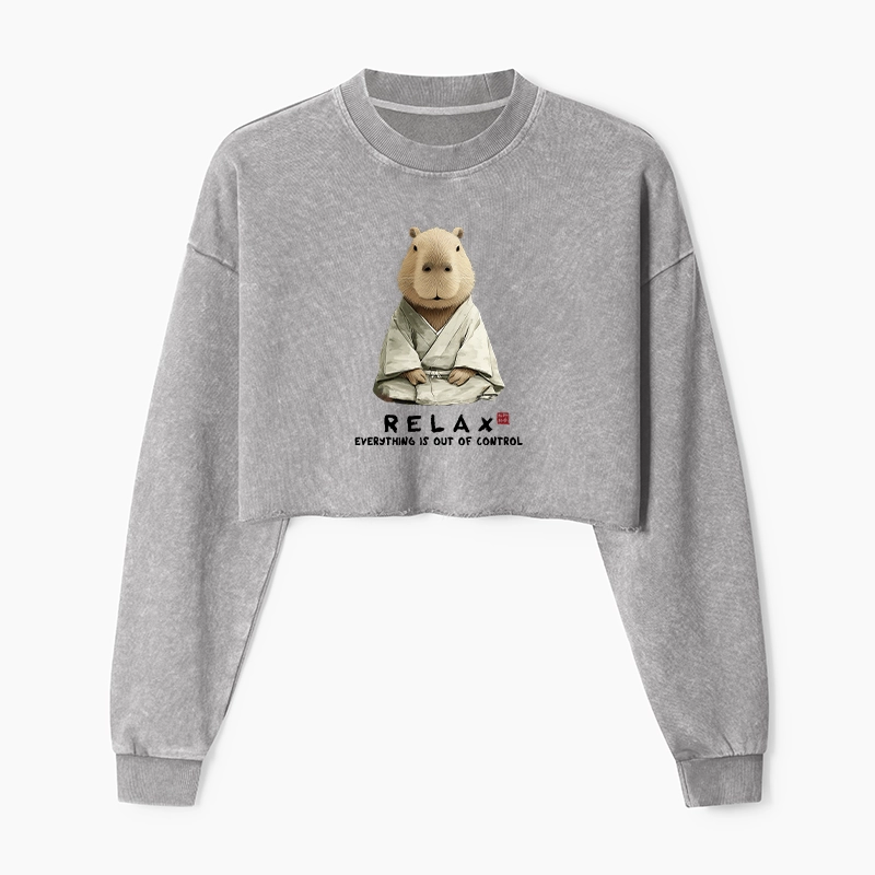 Tokyo-Tiger Zen Capybara：Relax, it's all chaos Washed Crop Sweatshirt