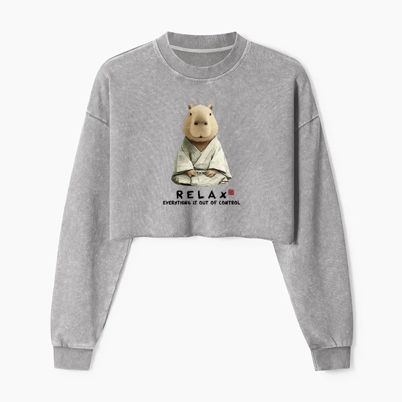 Tokyo-Tiger Zen Capybara：Relax, it's all chaos Washed Crop Sweatshirt
