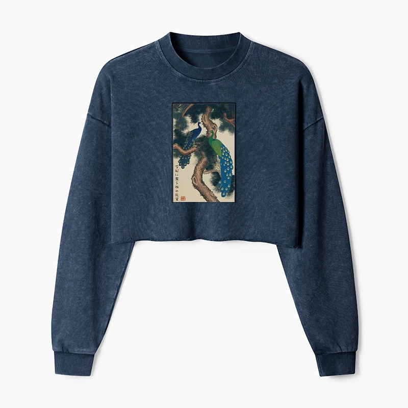 Tokyo-Tiger Peacocks in Snowy Pines Washed Crop Sweatshirt