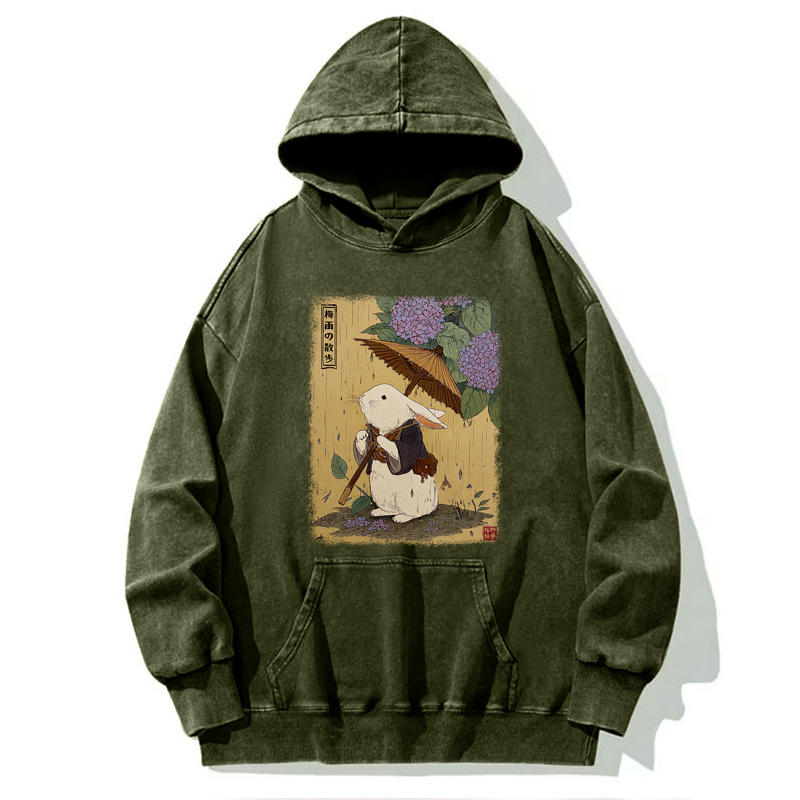 Tokyo-Tiger Ukiyoe Rainy Stroll Bunny Washed Hoodie