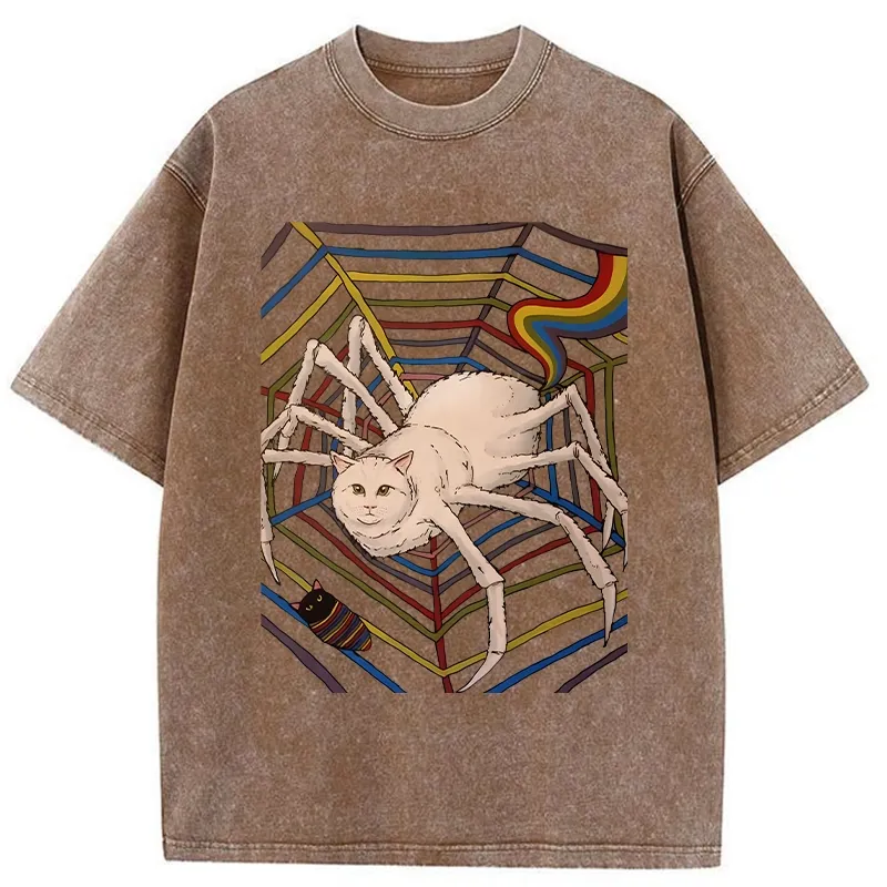 Tokyo-Tiger Funny Spider Cat Washed T-Shirt