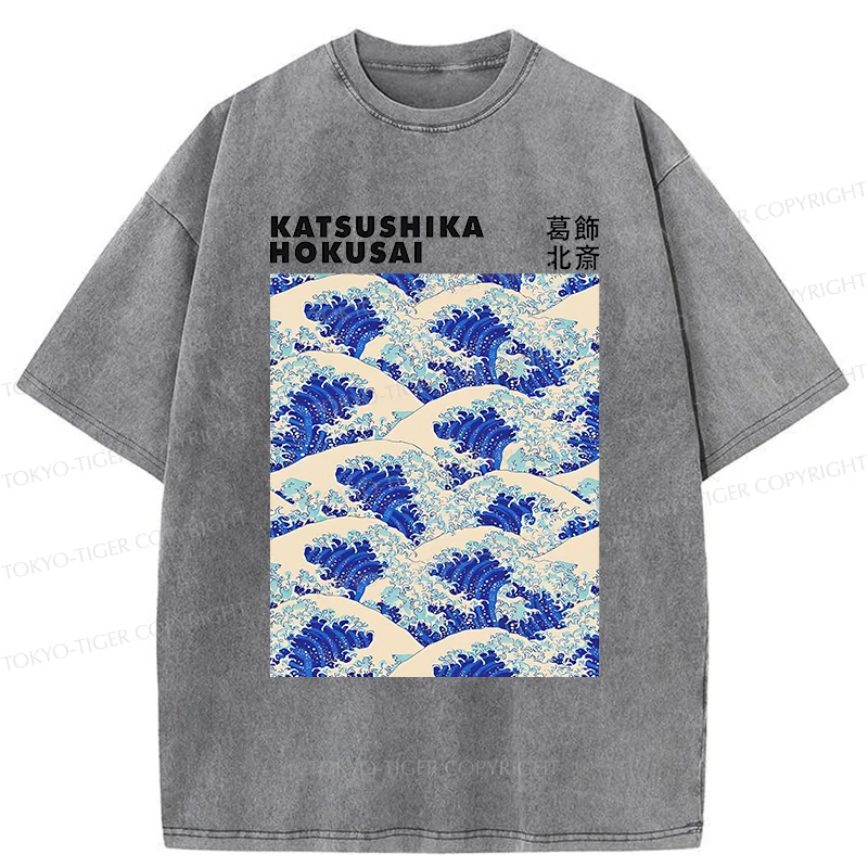 Tokyo-Tiger Ukiyo-e Wave Poster Washed T-Shirt
