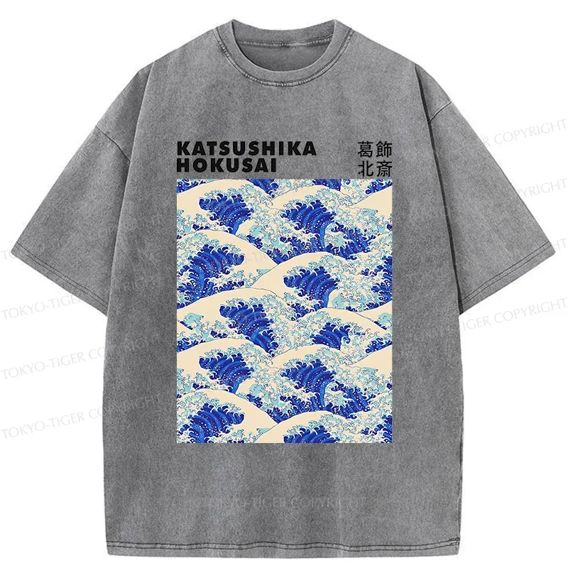 Tokyo-Tiger Ukiyo-e Wave Poster Washed T-Shirt