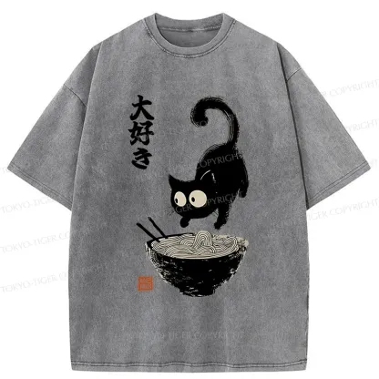 Tokyo-Tiger Retro Cat Eats Delicious Ramen Washed T-Shirt