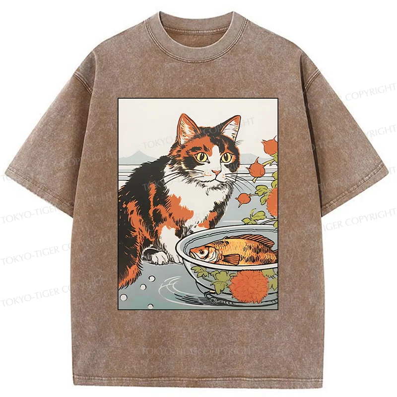 Tokyo-Tiger Cat Watching Koi Washed T-Shirt